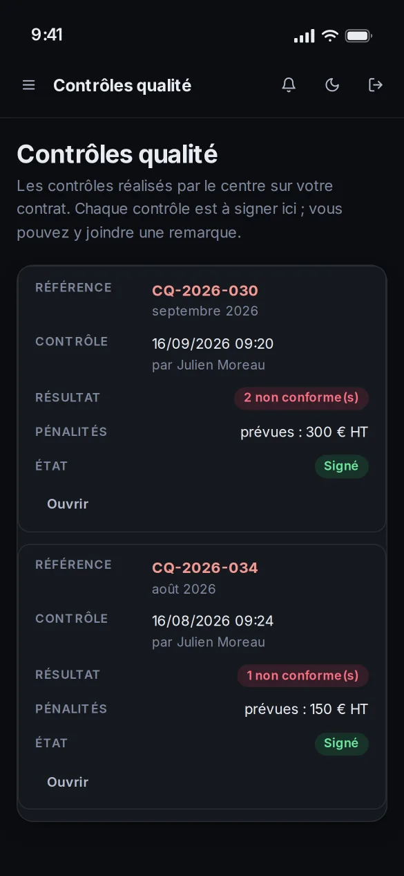 Espace prestataire dans MallOps (vue téléphone)