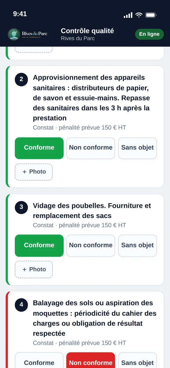 Tableau de bord MallOps et saisie de contrôle qualité sur téléphone (vue téléphone)